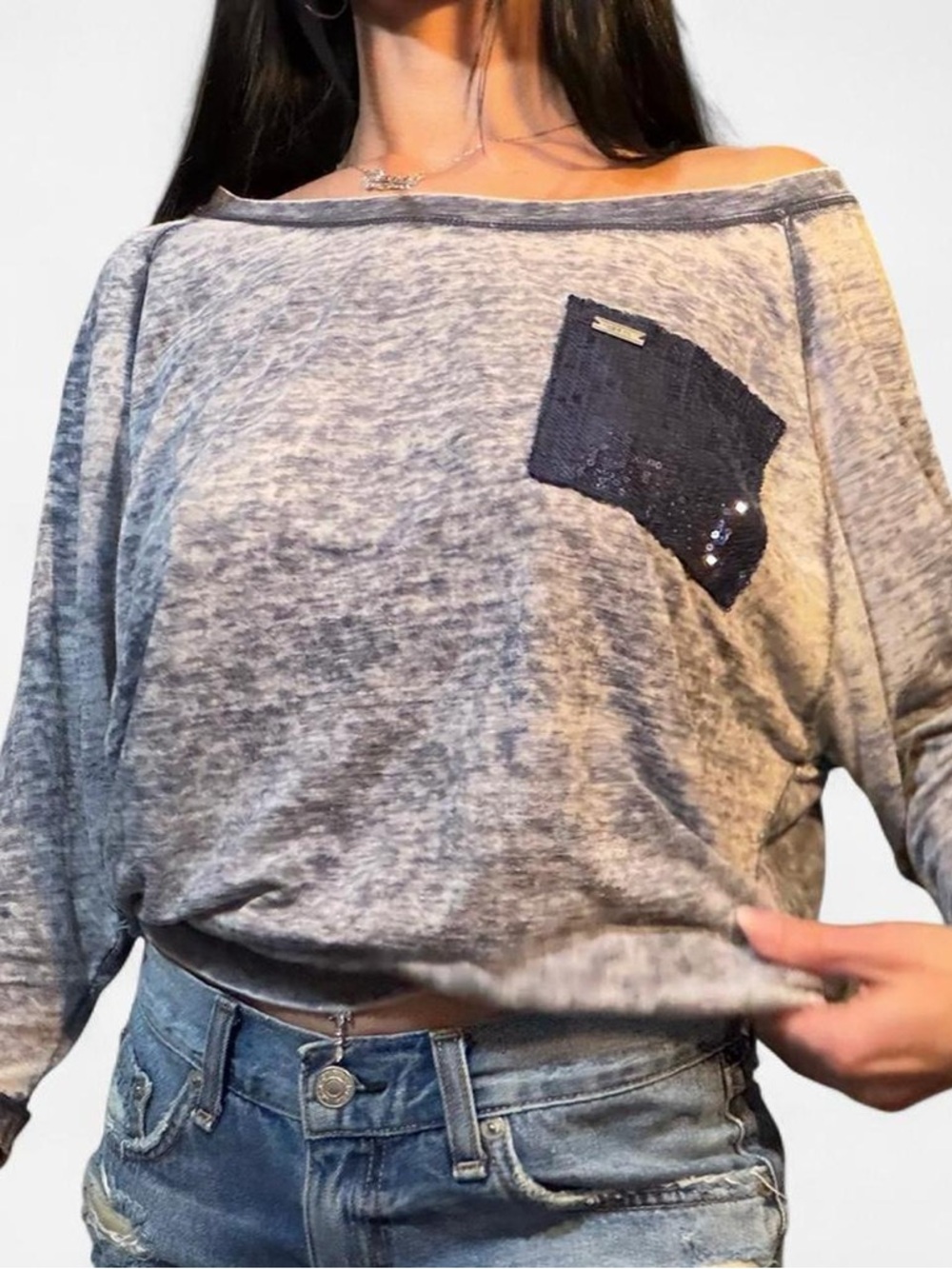 Guess Heather Gray Off-Shoulder Sweatshirt with Navy Sequin Pocket